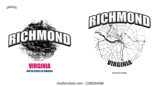 Richmond, Virginia, logo design. Two in one vector arts. Big logo with vintage letters with nice colored background and one-color-version with map for every possible print production.