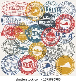 Richmond Virginia Set of Stamps. Travel Stamp. Made In Product. Design Seals Old Style Insignia.