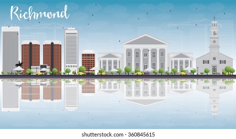 Richmond (Virginia) Skyline with Gray Buildings, Blue Sky and Reflections. Vector Illustration. Business Travel and Tourism Concept with Modern Buildings. Image for Presentation, Banner and Web Site.