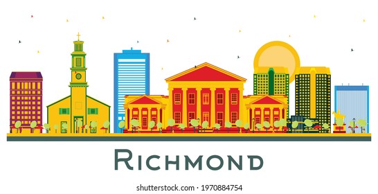 Richmond Virginia USA City Skyline with Color Buildings Isolated on White. Vector Illustration. Business Travel and Tourism Concept with Historic Architecture. Richmond Cityscape with Landmarks.