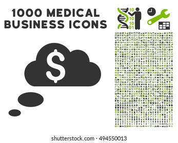 Richness Dream Clouds icon with 1000 medical commercial eco green and gray vector design elements. Design style is flat bicolor symbols, white background.