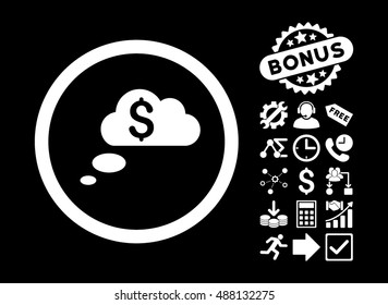 Richness Dream Clouds icon with bonus clip art. Vector illustration style is flat iconic symbols, white color, black background.