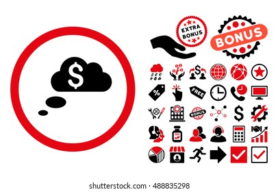 Richness Dream Clouds icon with bonus elements. Vector illustration style is flat iconic bicolor symbols, intensive red and black colors, white background.