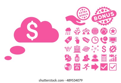 Richness Dream Clouds icon with bonus images. Vector illustration style is flat iconic symbols, pink color, white background.