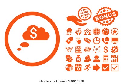 Richness Dream Clouds icon with bonus elements. Vector illustration style is flat iconic symbols, orange color, white background.