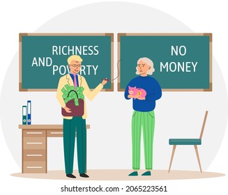 Richness and poverty concept. Happy rich successful businessman with bag of money and sad poor thriftiness woman. Economic and social condition of people. Financial superiority, wealth and poorness