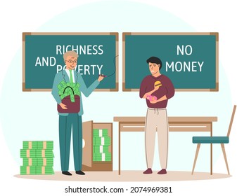 Richness and poverty concept. Happy rich successful businessman with bag of money and sad poor thriftiness man. Economic and social condition of people. Financial superiority, wealth and poorness