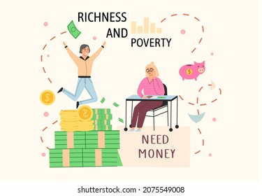 Richness and poverty concept. Happy rich man rejoices in prosperity and sad poor thriftiness woman need money. Economic and social condition of people. Financial superiority, wealth and poorness