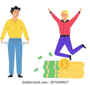 Richness and poverty concept with poor man shows empty pockets and millionaire. Man jumps enjoys wealth. Successful character has fun, rejoices in prosperity. Financial superiority, social inequality