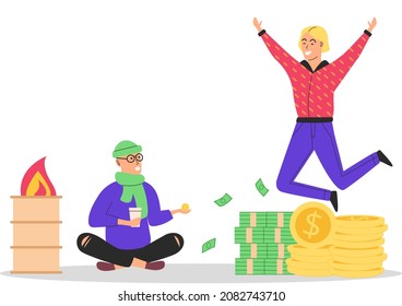 Concepto de riqueza y pobreza, pobre hombre pisoteando la mendicidad en la calle y millonario. El hombre salta a disfrutar de la riqueza. El carácter exitoso tiene diversión, se regocija por la prosperidad. Superior financiera, desigualdad social