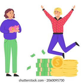 Richness and poverty concept with poor woman holding piggy bank and millionaire. Man jumps and enjoys wealth. Successful character has fun, rejoices in wealth. Financial superiority, social inequality