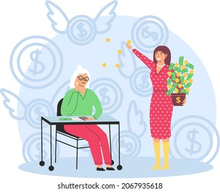 Richness and poverty concept. Rich happy woman scatters money, poor woman counts savings on calculator. Financial success concept with thrifty person and wealthy lady. Financial superiority, wealth