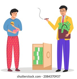 Richness And Poverty Concept. Rich Happy Man Smokes Cigar Holding Briefcase With Money, Poor Man Eating Cheap Fast Food. Financial Success Concept With Unemployed Person And Wealthy Millionaire