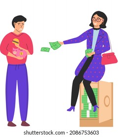 Richness and poverty. Rich happy woman sitting on money bag, poor man puts savings into piggy bank. Financial success concept with unhappy unemployed person and wealthy lady. Financial superiority
