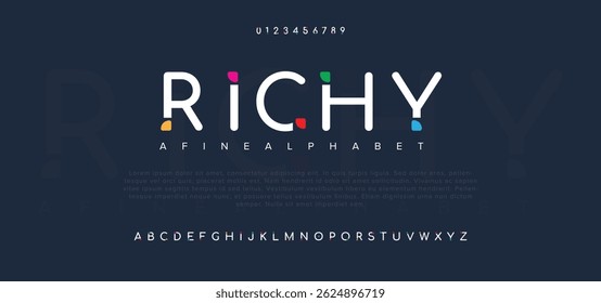 Fonte do alfabeto de logotipo moderno mínimo rico. Tipografia abstrata sem tecnologia serif, eletrônico, filme, futuro, fonte de logotipos de marca criativa. ilustração vetorial