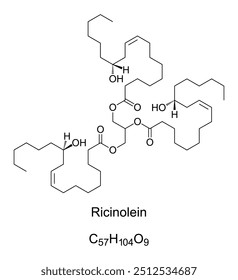 Ricinolein, chemische Formel und Skelettstruktur. Ricinolein ist das Triglycerid der Ricinolsäure und Hauptbestandteil von Rizinusöl, das durch Pressen der Samen von Ricinus communis erhalten wird.