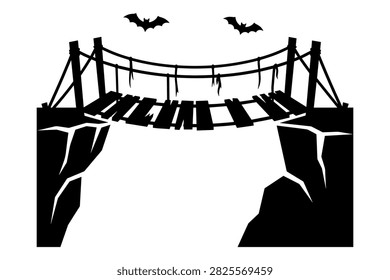 Rickety rope bridge, abyss, bats flying, spooky Halloween night scene illustration.