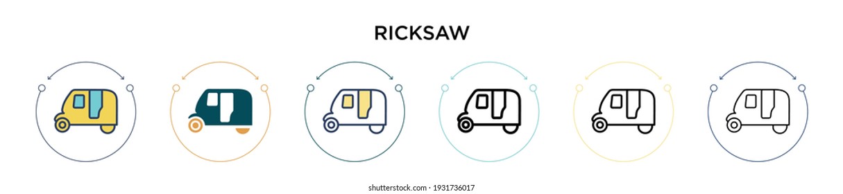 Icono de ricksaw en el estilo relleno, delgado, contorno y trazo. Ilustración vectorial de dos iconos vectores de ricksaw de color y negro se puede utilizar para móviles, ui, web