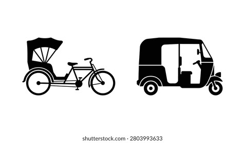 Rickshaw And Auto Rickshaw Silhouettes On A White Background Transportation Vehicle Illustration Silhouette bicycle three wheeler three wheeled pedicab