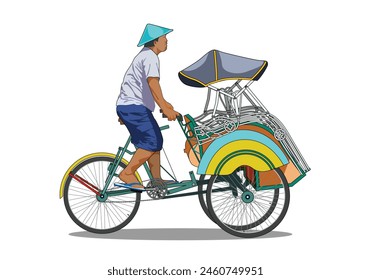 Rickshaw becak yogyakarta. A man riding rickshaw isolated on white background.