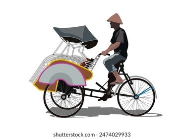 Rickshaw becak yogyakarta. A man riding tricycle vector illustration. Isolated object on white background.