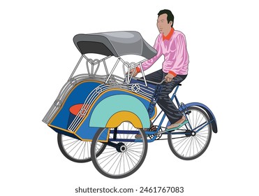 Rickshaw becak yogyakarta. Tricycle mode of transport vehicle. Isolated on white background.