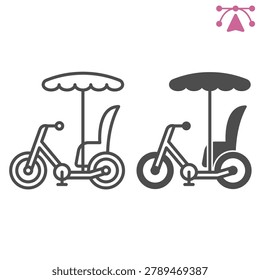Rickshaw bike line and solid icon, traditional cycle rickshaw concept. Vector graphics. Traditional, city transport sign and editable stroke, outline style icon for mobile or web design