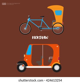 Rickshaw flat design. Indian rickshaw. Indian rickshaw. Auto rickshaw and pedicab. Travel transport taxi, tourism and vehicle. Traditional india rickshaw silhouette cycle cab. Vector illustration.