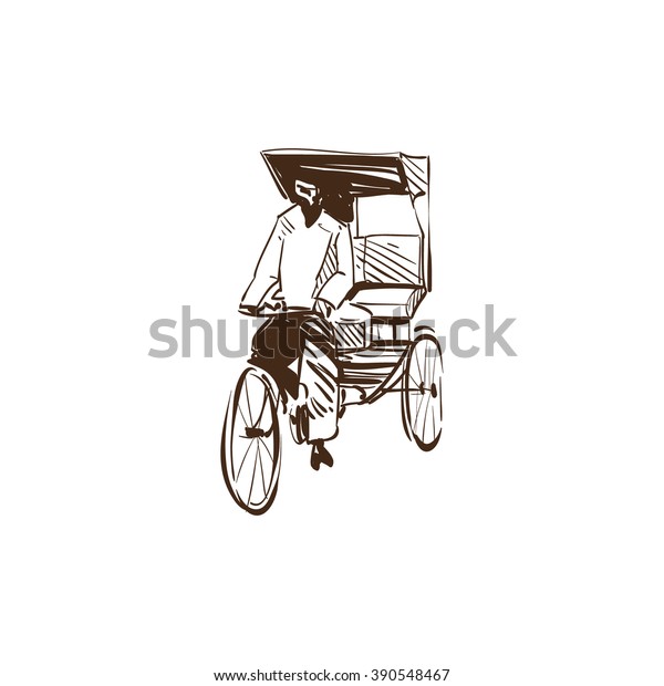 Rickshaw hand drawn silhouette. Indian\
transport, vector\
illustration