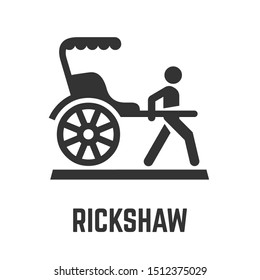 Rickshaw or jinrikisha icon with two-wheeled passenger cart which pulled by one man symbol.