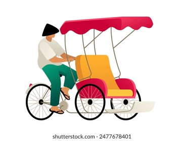 Rickshaw - modern flat design style single isolated image. Neat detailed illustration of man pedaling a complex design so that two more guests of Vietnam can ride with him in a ground transport