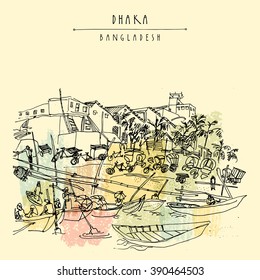 Rickshaw parking and wooden boats. Sadarghat Port, Dhaka City River Front, Bangladesh, Asia. Palm trees, houses. Travel sketch, artistic hand drawn illustration. Vintage hand drawn postcard in vector