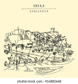 Rickshaw parking and wooden boats. Sadarghat Port, Dhaka City River Front, Bangladesh, Asia. Palm trees, houses. Travel sketch, artistic hand drawn illustration. Vintage hand drawn postcard in vector