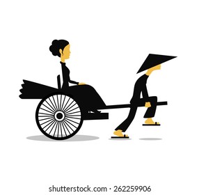 Rickshaw is picking up a european lady by a traditional asian transport. Vintage illustration.