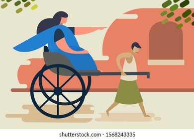 A rickshaw puller with his customer. A scene from city of Kolkata, India.