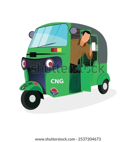 A rickshaw puller showing his phone from his auto rickshaw, Indian Auto Rickshaw