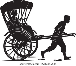 Rickshaw puller silhouette with passenger in vintage cart