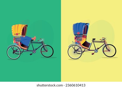 Rickshaw puller taking a rest on a rickshaw in the cityscape. Tri cycle of Dhaka city. Local vehicle.