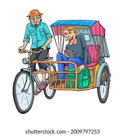 The rickshaw pullers carry tourist