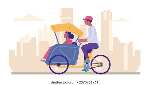 Rickshaw pulling woman. Travel by trishaw. City transportation. Bike vehicle. Man riding tricycle. Pedicab taxi. Passenger bicycle cart. Asian public transport. Biking