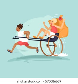 Rickshaw runs and driven by a tourist. Flat vector illustration in cartoon style.