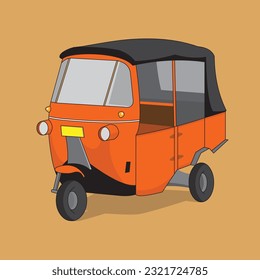 Rickshaw is a three-wheeled transportation. This vehicle is usually found in the cities of Jakarta, Banjarmasin, Pekanbaru and in several district capitals in Indonesia. This Rickshaw is orange.