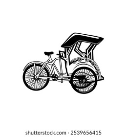 rickshaw traditional vehicle side view black and white vector line art