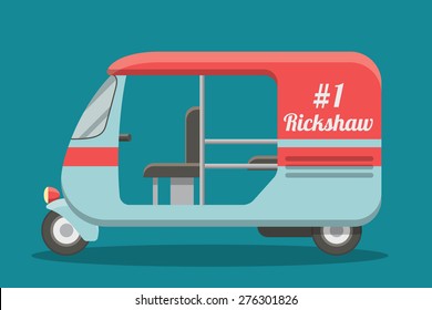 Rickshaw vehicle side view cartoon flat illustration. EPS10 vector image.