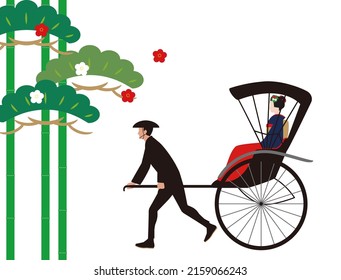 Rickshaw, Frau in Kimono und Shochikuume. Japanische Stilrichtung