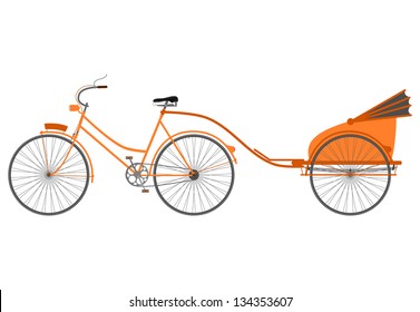 Rickshaw-bike with a trolley to carry passengers on a white background.