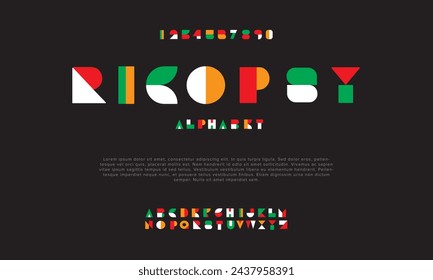 Ricopsy creative geometric modern urban alphabet font. Digital abstract futuristic, fashion, sport, minimal technology typography. Simple numeric vector illustration