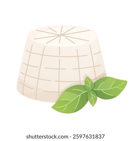 Ricotta cheese with basil. Soft white cheese. Organic farm food. Design element, cartoon flat illustration for logo, poster, menu. Isolated on white background.