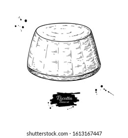 Ricotta cheese drawing. Vector hand drawn food sketch. Engraved milk product illustration. Farm market product for label, poster, icon, packaging. Dairy vintage product