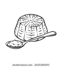 Queijo de ricotta em forma de molde tradicional com uma colherada de coalhada macia. Desenhado à mão em estilo de gravura vintage. Ilustração vetorial para marca de produtos láteos, receitas ou embalagens de alimentos